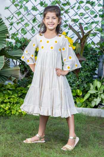 Littlecheer Beige Cotton Embroidery Sunflower Tiered Dress Online at Aza Fashions Littlecheer_Beige Cotton Embroidery Sunflower Tiered Dress _Online_at_Aza_Fashions