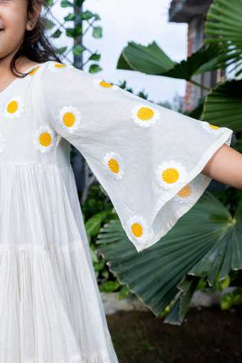 Shop Littlecheer Beige Cotton Embroidery Sunflower Tiered Dress Online at Aza Fashions Shop_Littlecheer_Beige Cotton Embroidery Sunflower Tiered Dress _Online_at_Aza_Fashions
