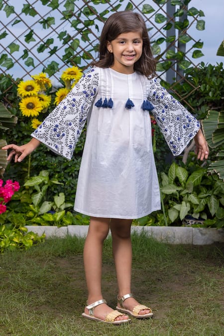 Littlecheer_White , Satin Tassels Dense Floral Sleeve Embroidered Dress _Online_at_Aza_Fashions