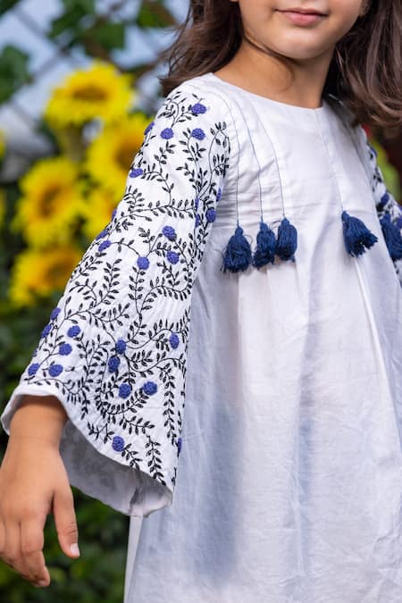 Buy_Littlecheer_White , Satin Tassels Dense Floral Sleeve Embroidered Dress _Online_at_Aza_Fashions