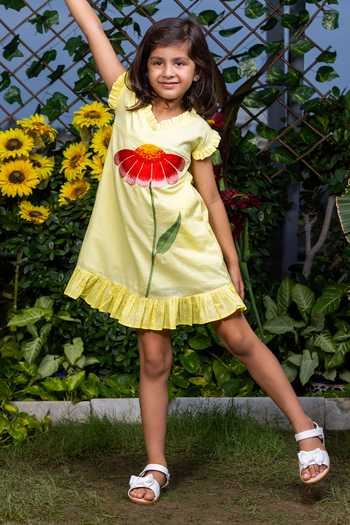 Littlecheer Yellow Cotton Embroidery Floral Dress Online at Aza Fashions Littlecheer_Yellow Cotton Embroidery Floral Dress _Online_at_Aza_Fashions