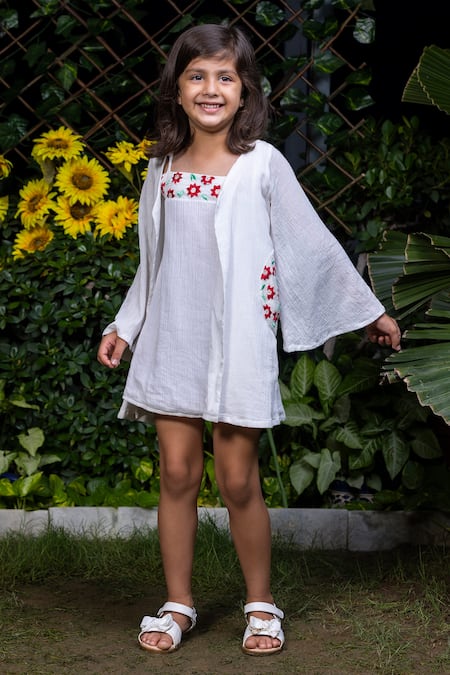 Littlecheer_White Cotton Embroidery Dress And Cape Set _Online_at_Aza_Fashions