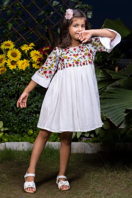 Littlecheer_White Cotton Embroidery Floral Vines Dress _Online_at_Aza_Fashions