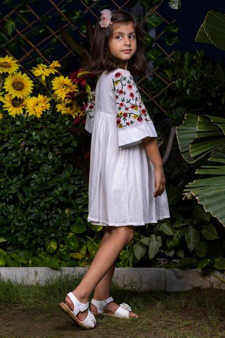 Buy_Littlecheer_White Cotton Embroidery Floral Vines Dress _Online_at_Aza_Fashions