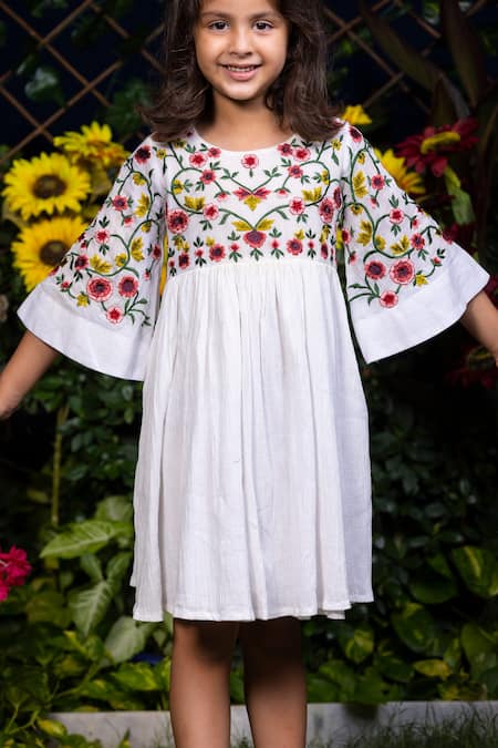 Shop_Littlecheer_White Cotton Embroidery Floral Vines Dress _Online_at_Aza_Fashions
