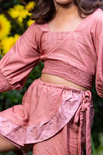 Buy_Littlecheer_Pink Cotton Embroidery Dragonfly Top And Shorts Set _Online_at_Aza_Fashions
