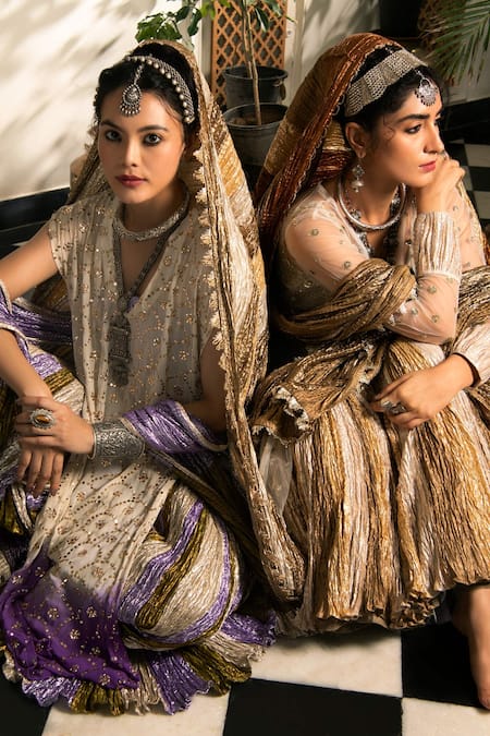 Etasha By Asha Jain_Multi Color Gota Tissue Embroidered Mukaish V Neck Kurta Palazzo Set  _Online_at_Aza_Fashions