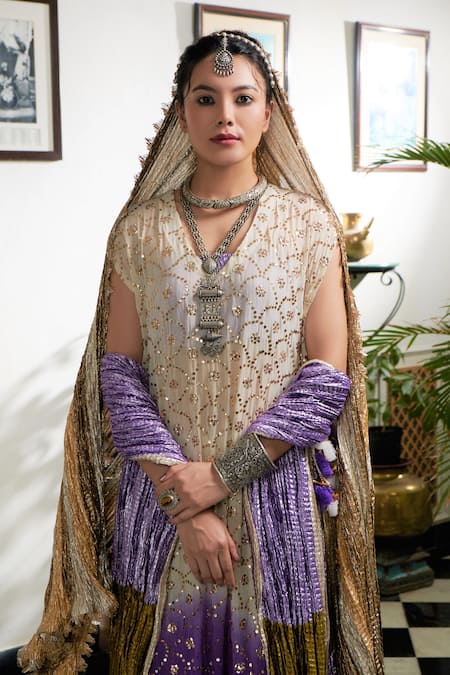 Buy_Etasha By Asha Jain_Multi Color Gota Tissue Embroidered Mukaish V Neck Kurta Palazzo Set  _Online_at_Aza_Fashions