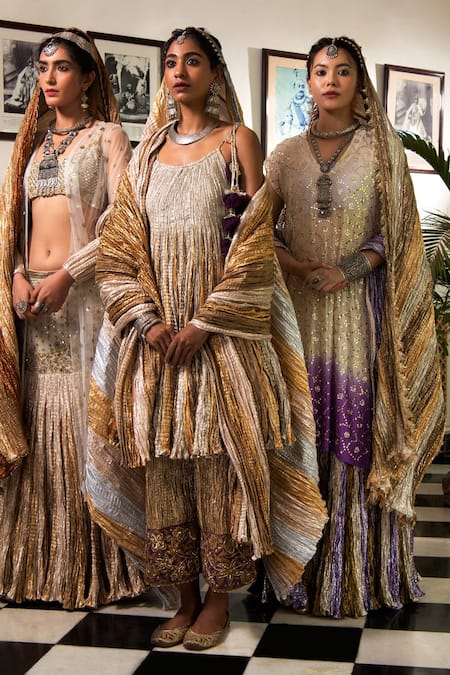 Shop Etasha By Asha Jain Multi Color Gota Tissue Mirror, Zardozi Open Textured Lehenga Set at Aza Fashions Shop_Etasha By Asha Jain_Multi Color Gota Tissue Mirror, Zardozi Open Textured Lehenga Set _at_Aza_Fashions