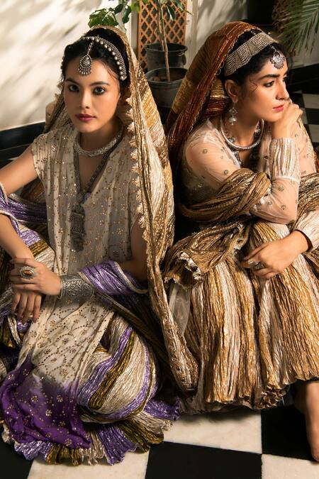 Etasha By Asha Jain Multi Color Gota Tissue Mirror, Zardozi Open Textured Lehenga Set Online at Aza Fashions Etasha By Asha Jain_Multi Color Gota Tissue Mirror, Zardozi Open Textured Lehenga Set _Online_at_Aza_Fashions