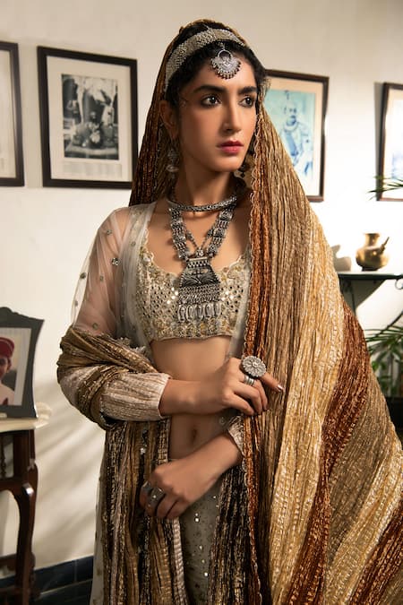 Buy Etasha By Asha Jain Multi Color Gota Tissue Mirror, Zardozi Open Textured Lehenga Set Online at Aza Fashions Buy_Etasha By Asha Jain_Multi Color Gota Tissue Mirror, Zardozi Open Textured Lehenga Set _Online_at_Aza_Fashions