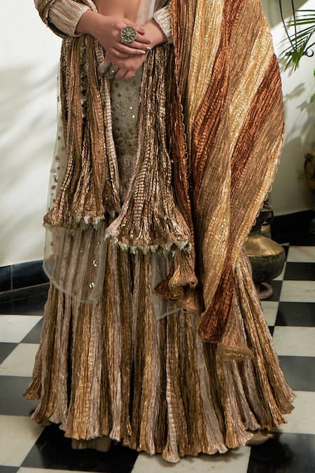 Shop Etasha By Asha Jain Multi Color Gota Tissue Mirror, Zardozi Open Textured Lehenga Set Online at Aza Fashions Shop_Etasha By Asha Jain_Multi Color Gota Tissue Mirror, Zardozi Open Textured Lehenga Set _Online_at_Aza_Fashions