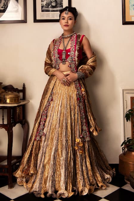 Etasha by Asha Jain Jacket & Gota Tissue Textured Lehenga Set 