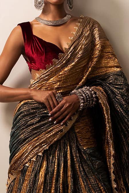 Buy_Etasha By Asha Jain_Multi Color Velvet, Gota Tissue V Neck Textured Pre-draped Saree Set _Online_at_Aza_Fashions