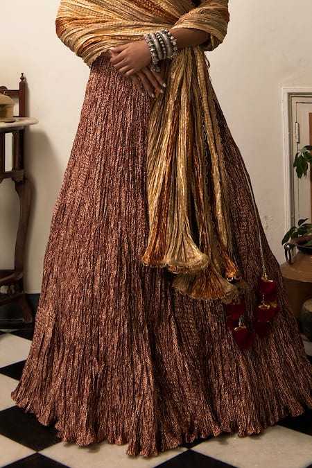 Etasha By Asha Jain_Maroon Gota Tissue V Neck Textured Lehenga Set _Online_at_Aza_Fashions