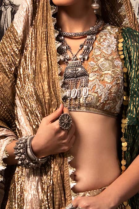 Shop Etasha By Asha Jain Multi Color Gota Tissue V Neck Textured Lehenga Set at Aza Fashions Shop_Etasha By Asha Jain_Multi Color Gota Tissue V Neck Textured Lehenga Set _at_Aza_Fashions