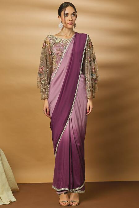 Buy Varun Bahl Purple Net Pre-draped Saree Gown Online at Aza Fashions Buy_Varun Bahl_Purple Net Pre-draped Saree Gown_Online_at_Aza_Fashions