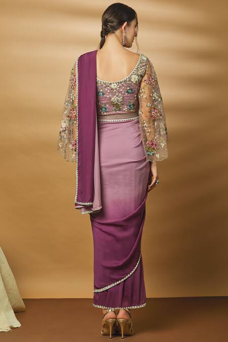 Shop Varun Bahl Purple Net Pre-draped Saree Gown at Aza Fashions Shop_Varun Bahl_Purple Net Pre-draped Saree Gown_at_Aza_Fashions