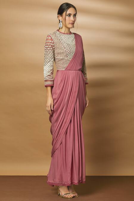 Varun Bahl_Pink Net Pre-draped Saree Gown_Online_at_Aza_Fashions
