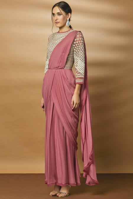 Buy_Varun Bahl_Pink Net Pre-draped Saree Gown_Online_at_Aza_Fashions