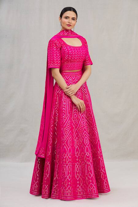 ASAL by Abu Sandeep Pink Viscose Georgette Embroidery Round Lehenga Set 