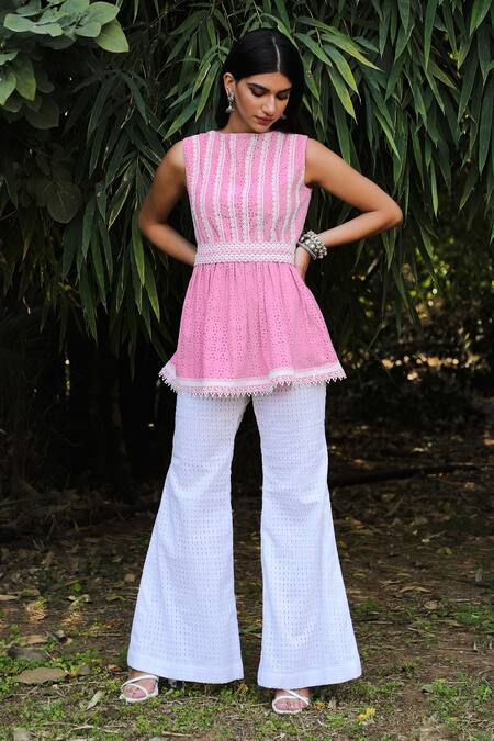 Shop Enaarah Pink Embroidered Thread Work Straight Butterfly Peplum Kurta Set at Aza Fashions Shop_Enaarah_Pink Embroidered Thread Work Straight Butterfly Peplum Kurta Set _at_Aza_Fashions