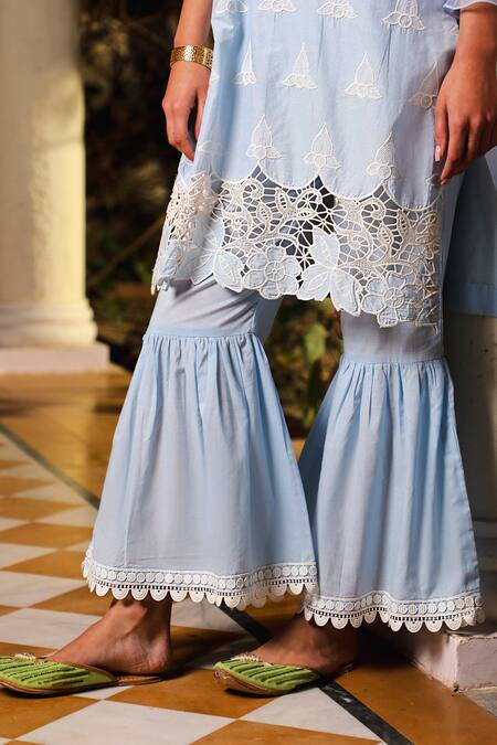 Buy_Enaarah_Blue Embroidered Thread Work V Neck Bay Cotton Kurta Sharara Set _Online_at_Aza_Fashions