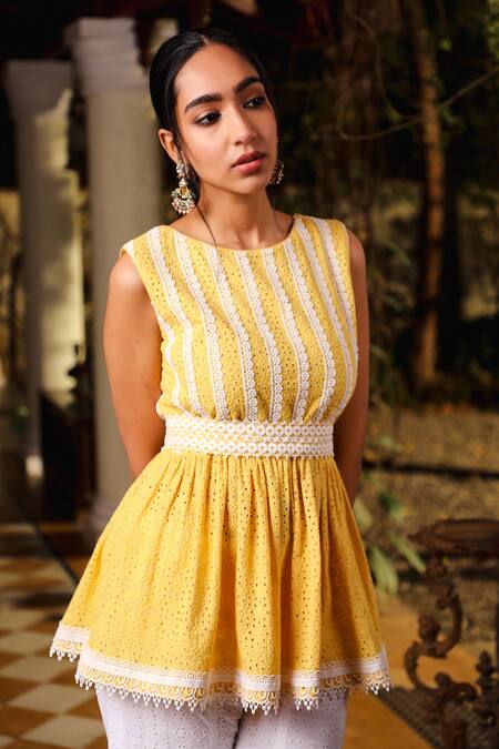 Enaarah_Yellow Embroidered Thread Work Round Cole Peplum Kurta Set _Online_at_Aza_Fashions