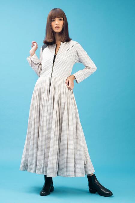 Buy_Chillosophy_White Cotton Silk V Neck Checkered Dress_Online_at_Aza_Fashions