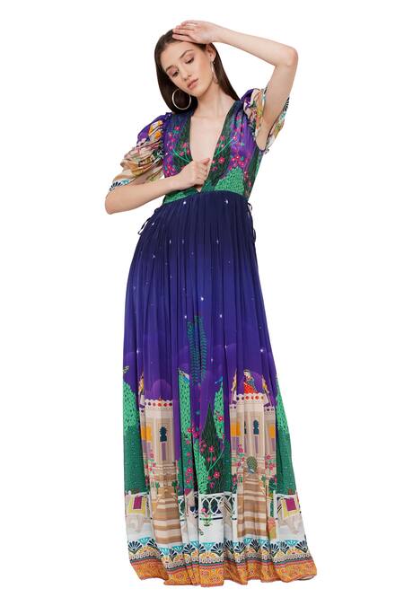 Buy_Limerick By Abirr N' Nanki_Purple Crepe Miniature Paintings Plunge V Neck Enora Draped Sleeve Dress _Online_at_Aza_Fashions