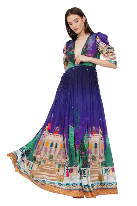 Shop_Limerick By Abirr N' Nanki_Purple Crepe Miniature Paintings Plunge V Neck Enora Draped Sleeve Dress _Online_at_Aza_Fashions