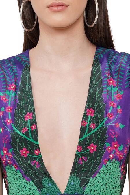 Limerick By Abirr N' Nanki_Purple Crepe Miniature Paintings Plunge V Neck Enora Draped Sleeve Dress _at_Aza_Fashions