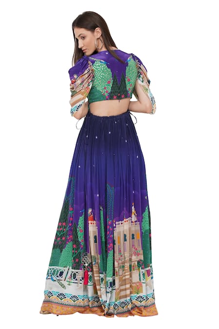 Shop_Limerick By Abirr N' Nanki_Purple Crepe Miniature Paintings Plunge V Neck Enora Draped Sleeve Dress _at_Aza_Fashions