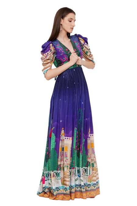 Limerick By Abirr N' Nanki_Purple Crepe Miniature Paintings Plunge V Neck Enora Draped Sleeve Dress _Online_at_Aza_Fashions