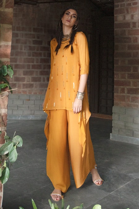 Enech Yellow Silk Modal Round Embellished Kurta With Palazzo 