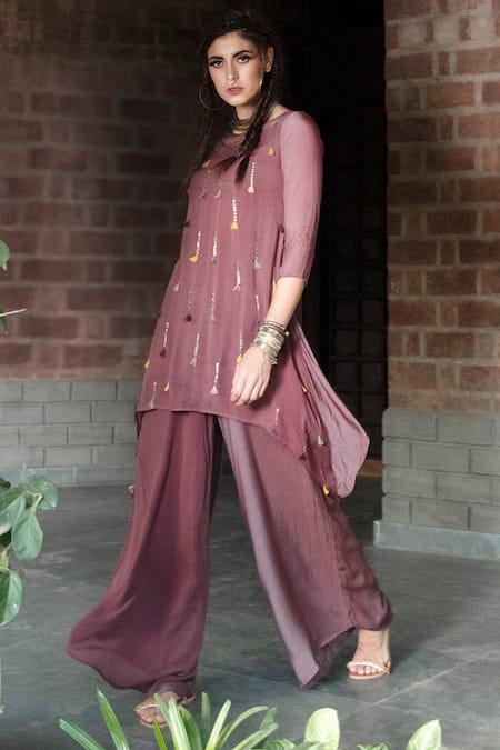 Shop_Enech_Purple Silk Modal Round Embellished Kurta With Palazzo _at_Aza_Fashions