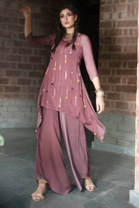 Buy_Enech_Purple Silk Modal Round Embellished Kurta With Palazzo _Online_at_Aza_Fashions