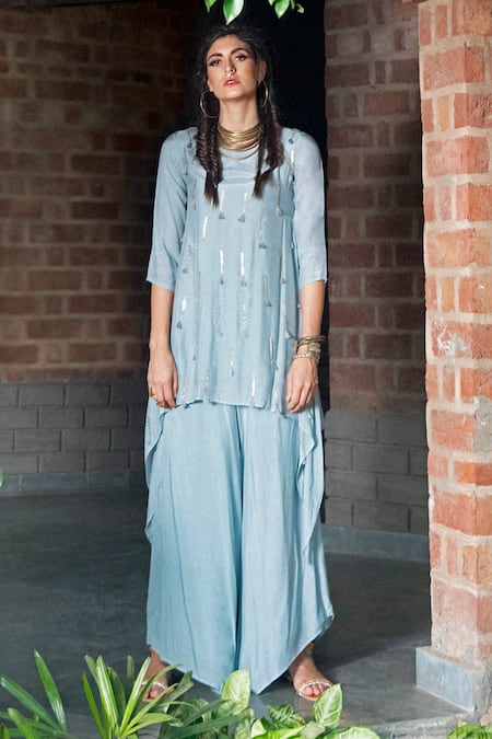 Enech Blue Silk Modal Round Embellished Kurta With Palazzo 