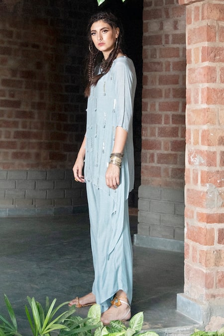 Shop_Enech_Blue Silk Modal Round Embellished Kurta With Palazzo _at_Aza_Fashions