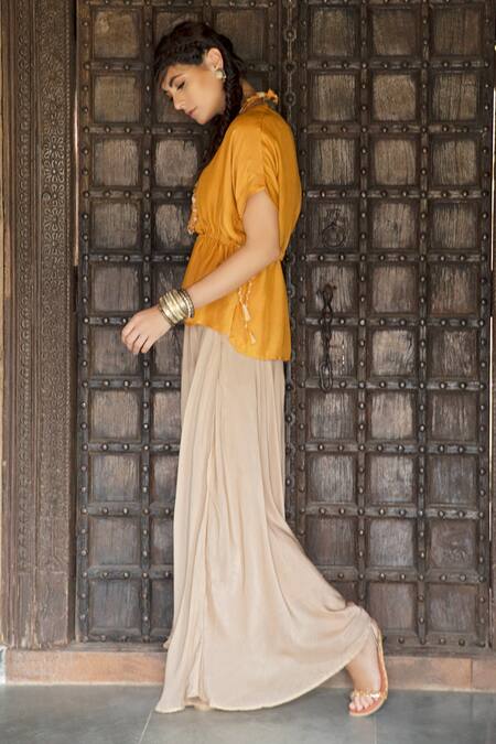 Buy_Enech_Yellow Silk Modal Round Embellished Kaftan With Draped Pant _Online_at_Aza_Fashions