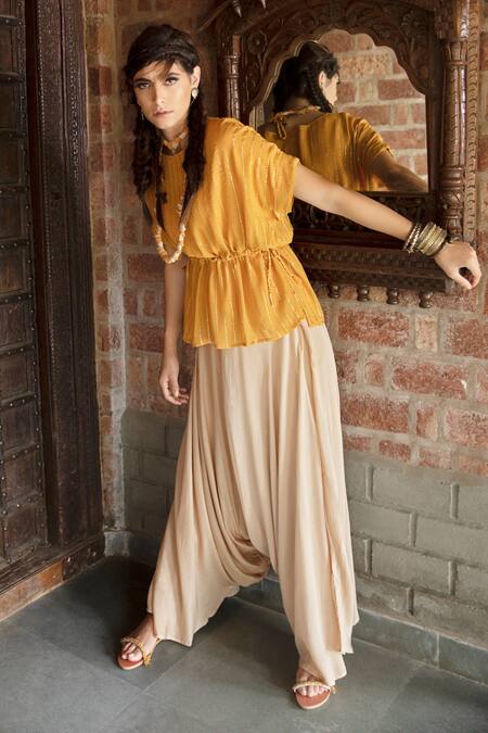 Enech_Yellow Top Shimmer Georgette Pant Silk Modal Embellished Kaftan With Draped _Online_at_Aza_Fashions