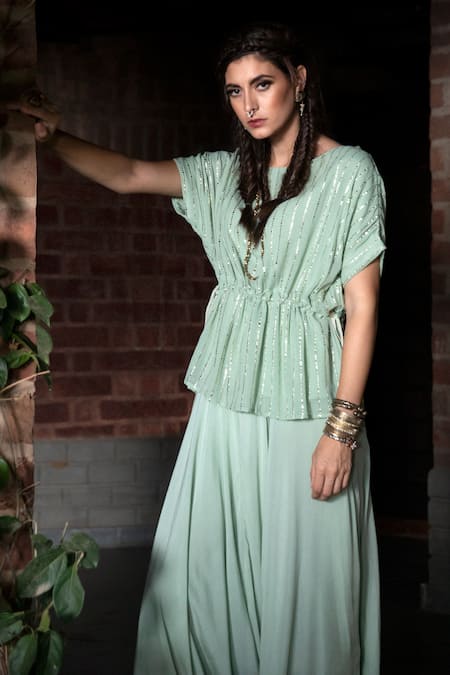 Enech Green Top Shimmer Georgette Pant Silk Modal Embellished Kaftan With Draped 