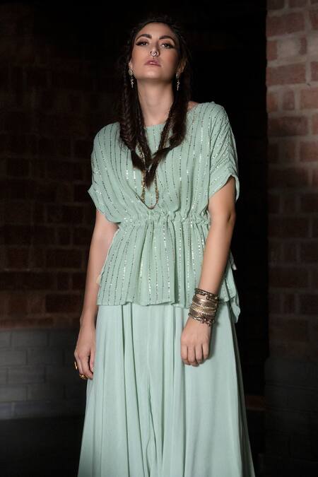 Enech_Green Top Shimmer Georgette Pant Silk Modal Embellished Kaftan With Draped _Online_at_Aza_Fashions