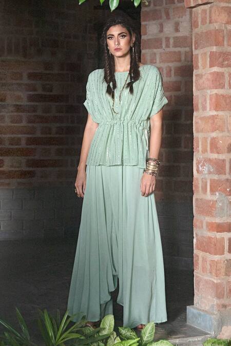 Buy_Enech_Green Top Shimmer Georgette Pant Silk Modal Embellished Kaftan With Draped _Online_at_Aza_Fashions