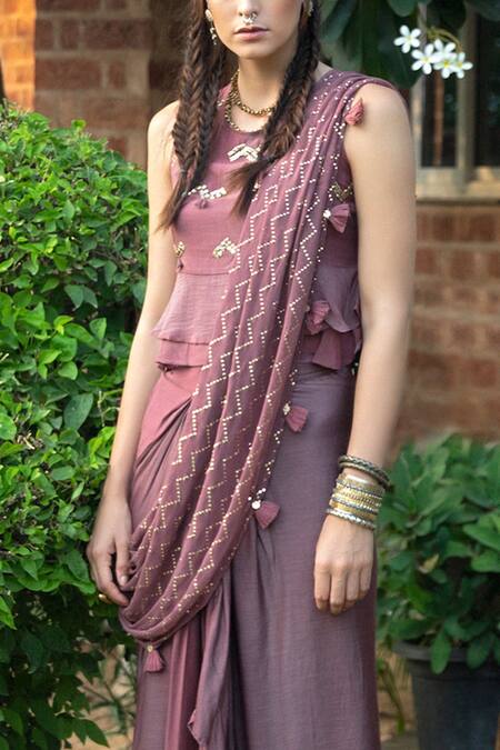 Buy Enech Purple Blouse And Skirt Silk Modal Dupatta Shimmer Embellished Pre-draped Saree Online at Aza Fashions Buy_Enech_Purple Blouse And Skirt Silk Modal Dupatta Shimmer Embellished Pre-draped Saree _Online_at_Aza_Fashions