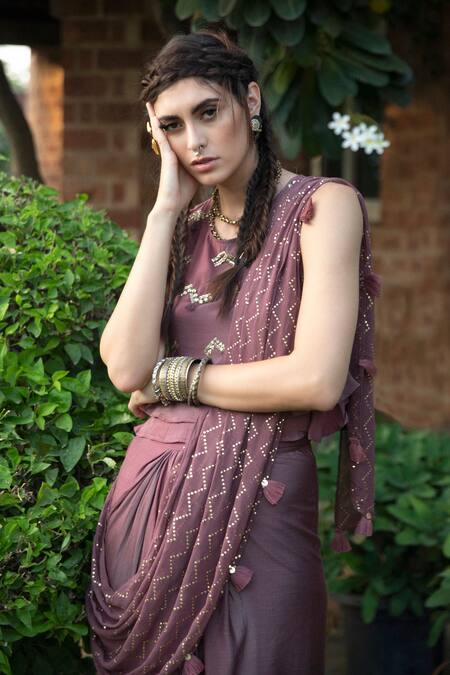 Enech_Purple Blouse And Skirt Silk Modal Dupatta Shimmer Embellished Pre-draped Saree _Online_at_Aza_Fashions