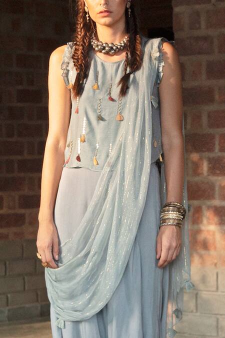 Enech Blue Top And Pant Silk Modal Dupatta Embellished Pre-draped Saree at Aza Fashions Enech_Blue Top And Pant Silk Modal Dupatta Embellished Pre-draped Saree _at_Aza_Fashions