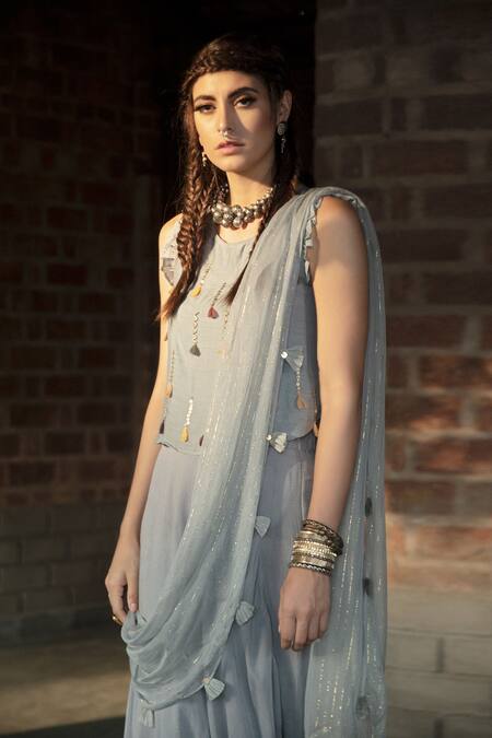 Shop Enech Blue Top And Pant Silk Modal Dupatta Embellished Pre-draped Saree Online at Aza Fashions Shop_Enech_Blue Top And Pant Silk Modal Dupatta Embellished Pre-draped Saree _Online_at_Aza_Fashions