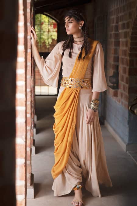 Enech Beige Silk Modal Round Pant Saree Set 