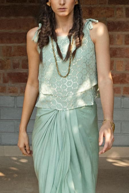 Shop Enech Green Top Shimmer Georgette Skirt Silk Modal Round Embellished And Set Online at Aza Fashions Shop_Enech_Green Top Shimmer Georgette Skirt Silk Modal Round Embellished And Set _Online_at_Aza_Fashions